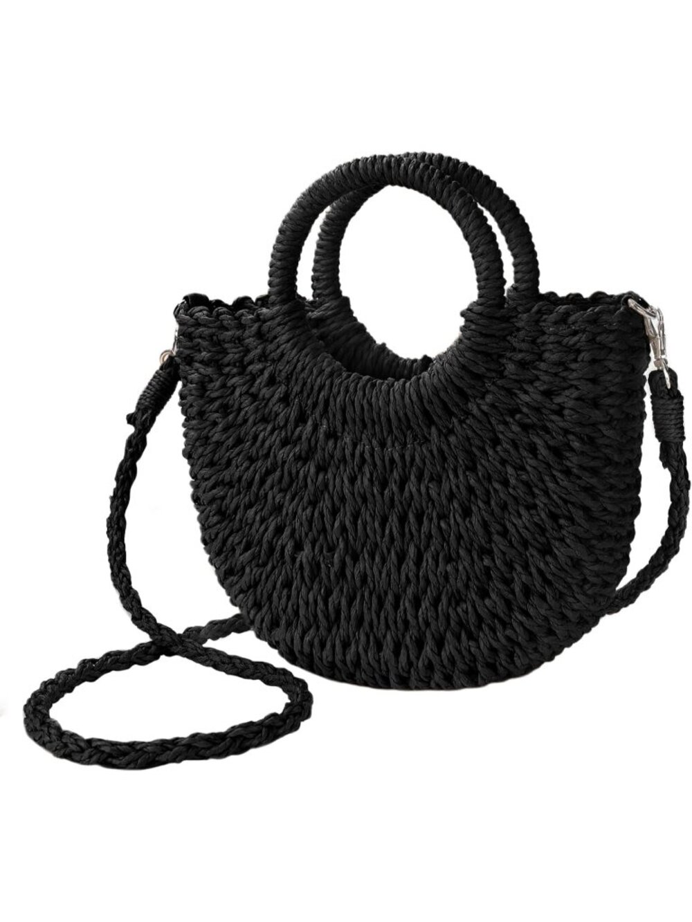 Women's Black Beach Woven Crossbody Bags Top Handle Satchel Purse for Summer